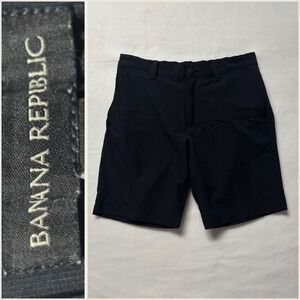 Banana Republic Mens 32 Black Flat‎ Front Tech Shorts Elastic Waist